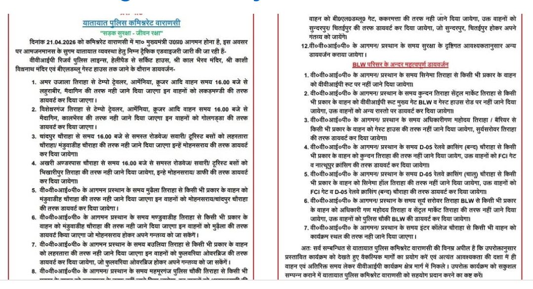 वाराणसी ट्रैफिक अलर्ट: CM योगी के दौरे पर शाम 4 बजे से रूट डायवर्जन
