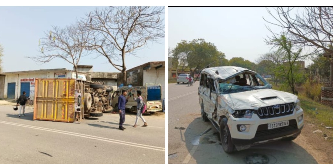 टायर फटने से अनियंत्रित स्कॉर्पियो ट्रक से टकराई दो घायल