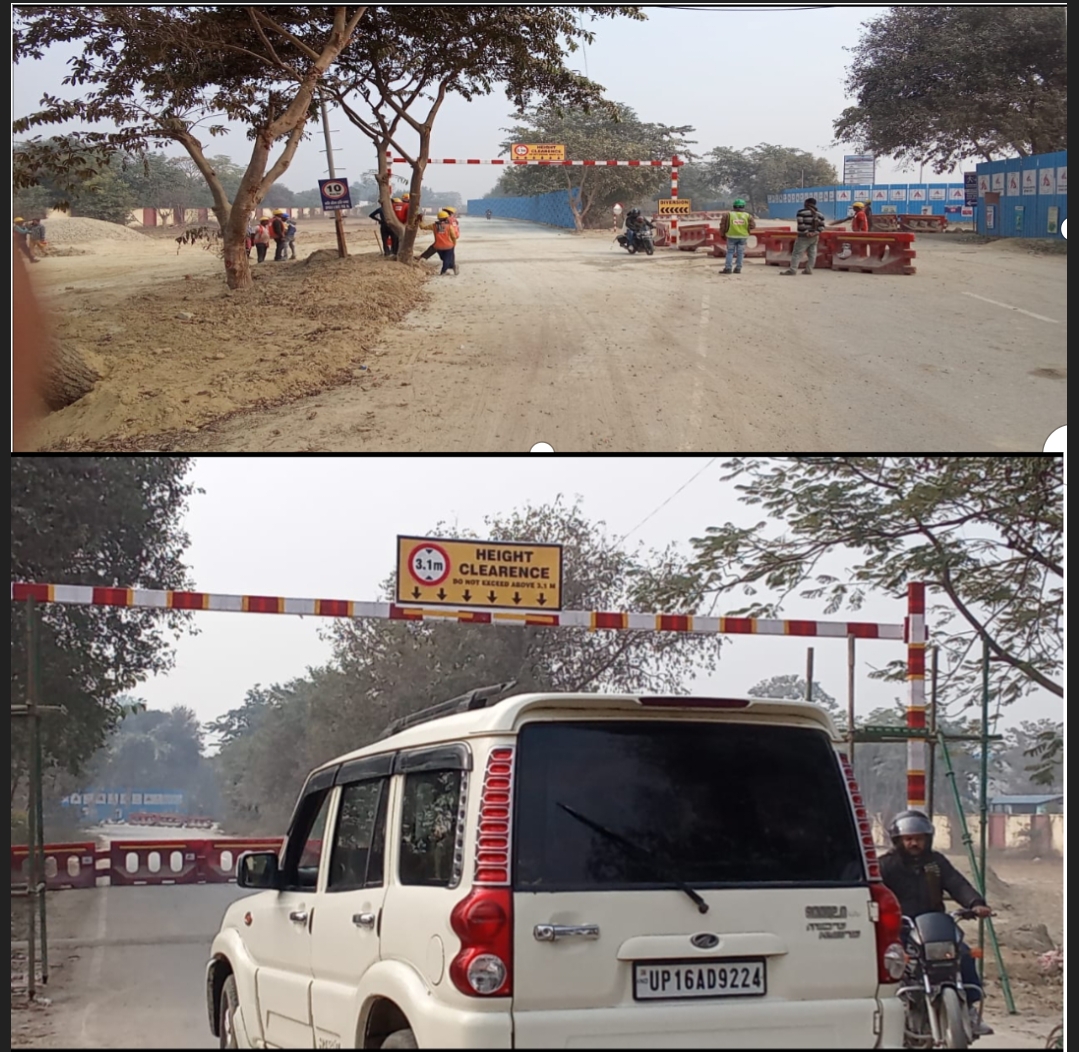 गाटर लगाकर बड़े वाहनों का प्रवेश रोका