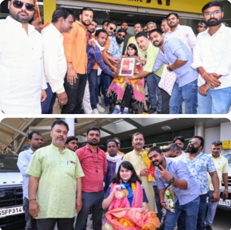सुमेधा पाठक का एयरपोर्ट पहुंचने पर हुआ भव्य स्वागत