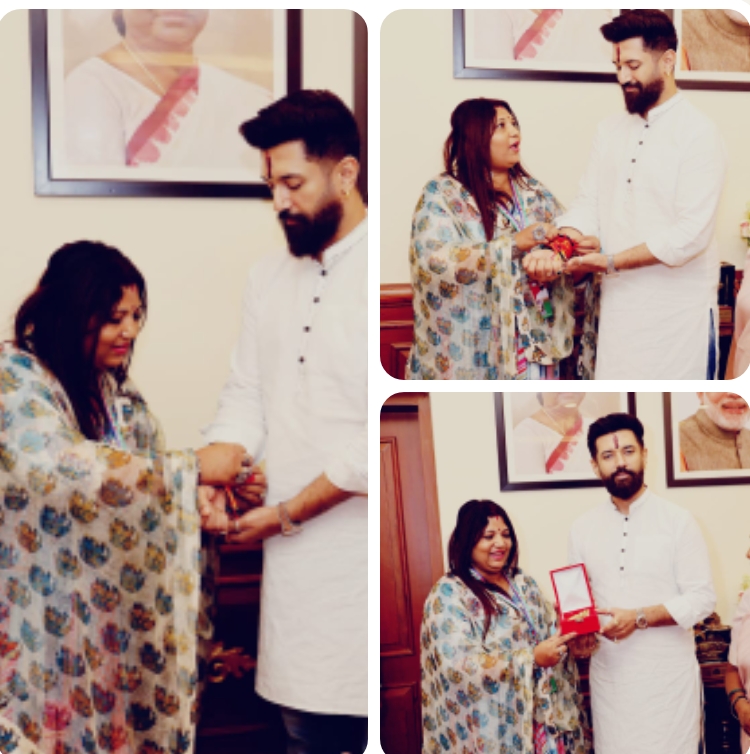 वाराणसी सोनी जायसवाल समाज सेविका ने चिराग पासवान (कैबिनेट मंत्री) को बांधा रक्षा सूत्र