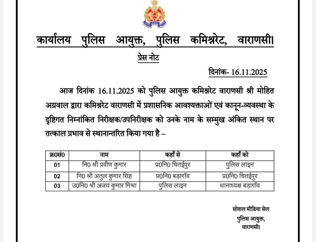 वाराणसी में चितईपुर व बड़ागांव के थाना प्रभारी बदले पुलिस कमिश्नरेट ने किया महत्वपूर्ण प्रशासनिक फेरबदल