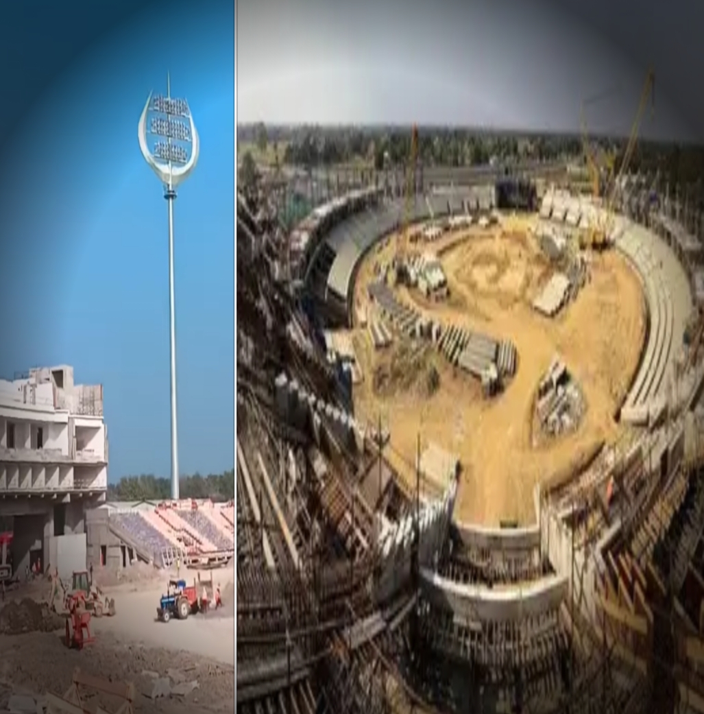 वाराणसी का गंजारी अंतरराष्ट्रीय स्टेडियम तेज़ रफ्तार में—त्रिशूल आकार की लाइटें बनीं पहचान, 2026 में T20 मैच से होगा भव्य उद्घाटन