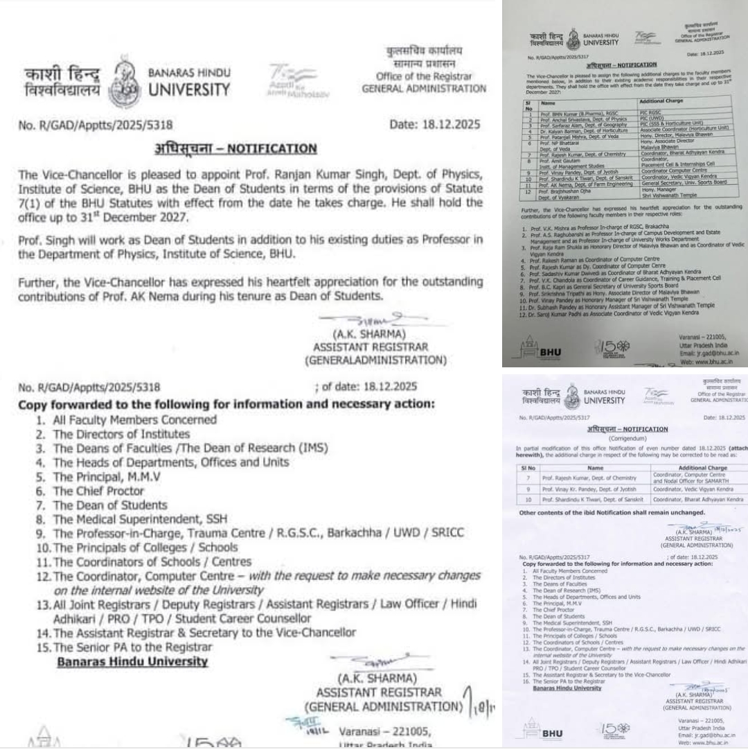 BHU में बड़ा प्रशासनिक फेरबदल: चीफ प्रॉक्टर और छात्र अधिष्ठाता बदले, 2027 तक तय कार्यकाल