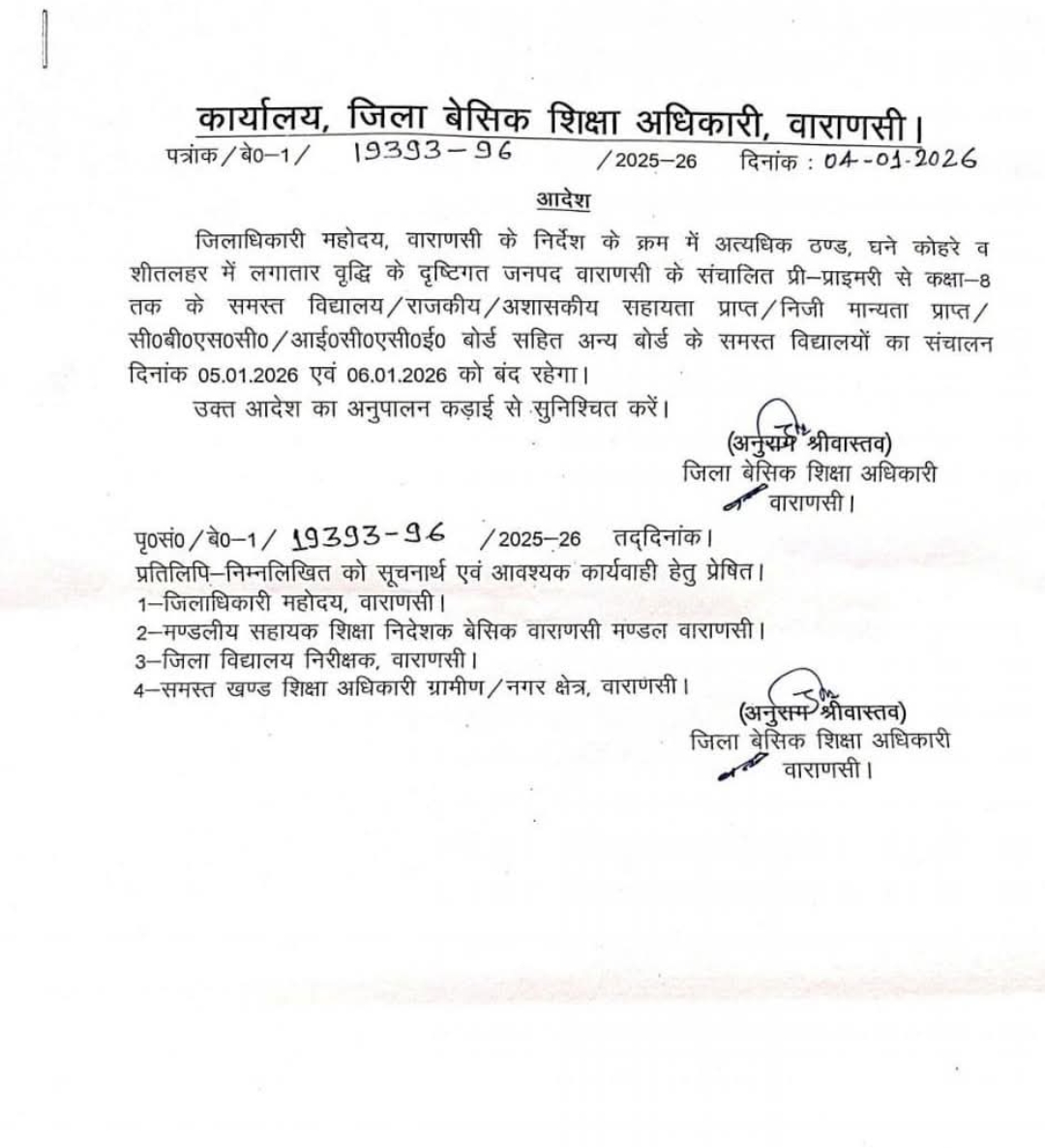 Cold Wave Alert | कड़ाके की ठंड और घने कोहरे के चलते वाराणसी में कक्षा 8 तक के स्कूल 2 दिन बंद